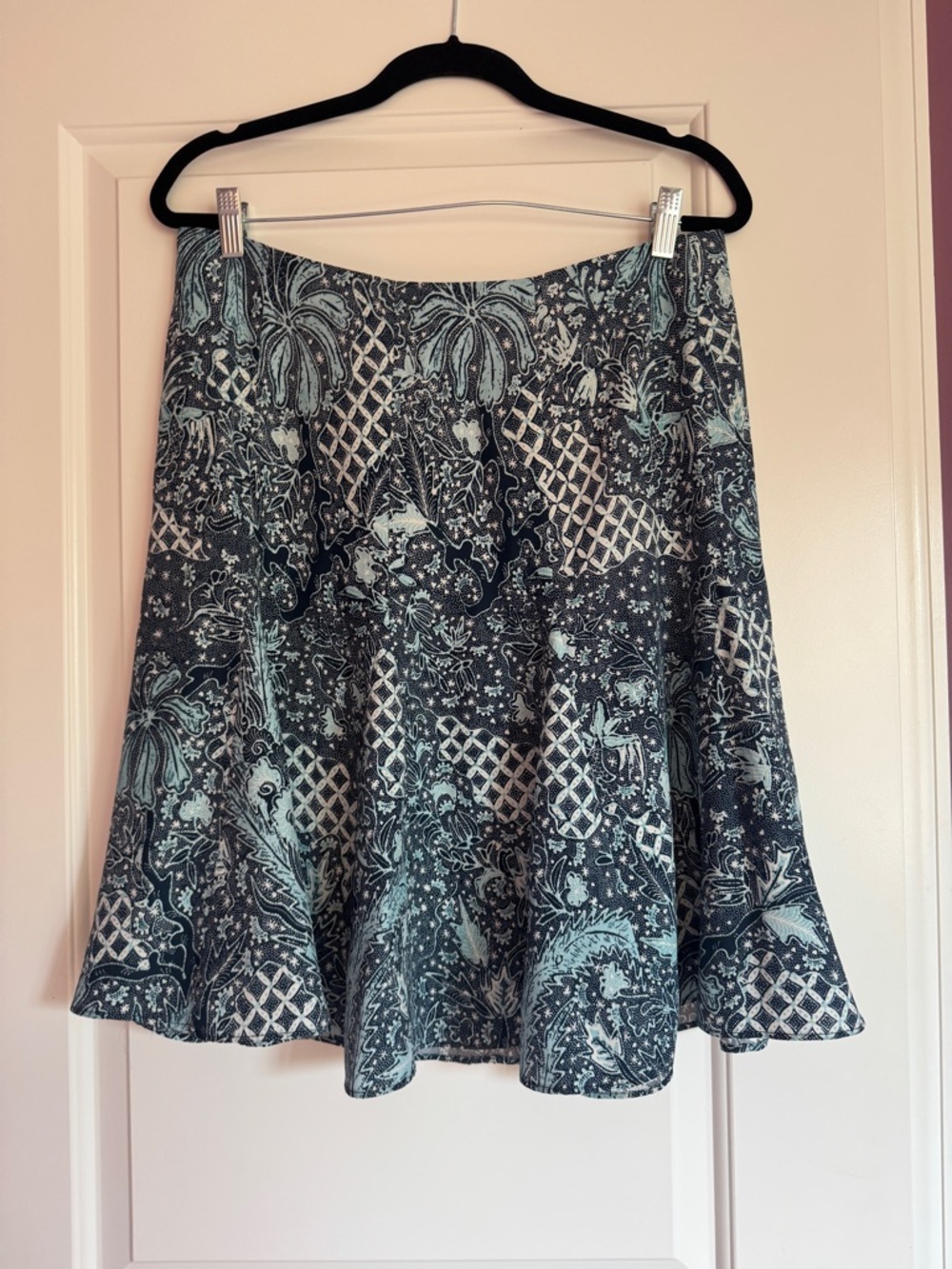Charlotte Brody navy and light blue trellis print silk A-line skirt